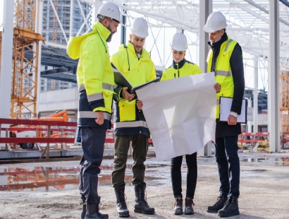 Group of engineers with blueprints standing on construction site