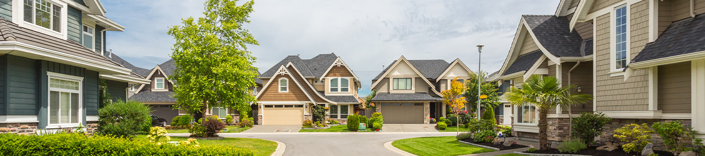 Neighborhood house sit sharing a street.